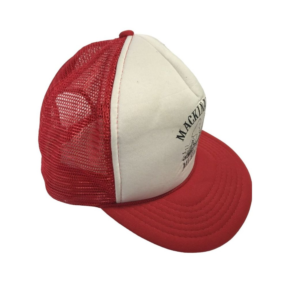 Vintage Mackinaw City Bridge Michigan White And Red Snapback Mesh Trucker Hat - Picture 3 of 11